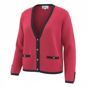 Vintage 80s Red Black Trim Cardigan Gold Button Knit Sweater Size Medium Petite